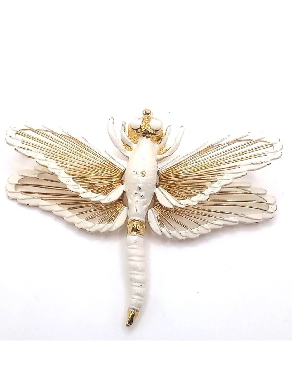 Vintage Monet White Enamel Dragonfly Brooch Gold Tone Nature Inspired Pin